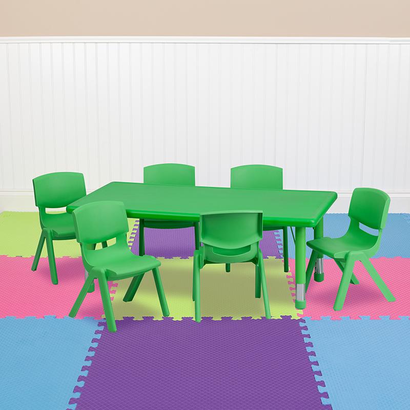 24''W x 48''L Rectangular Green Plastic Height Adjustable Activity Table Set with 6 Chairs