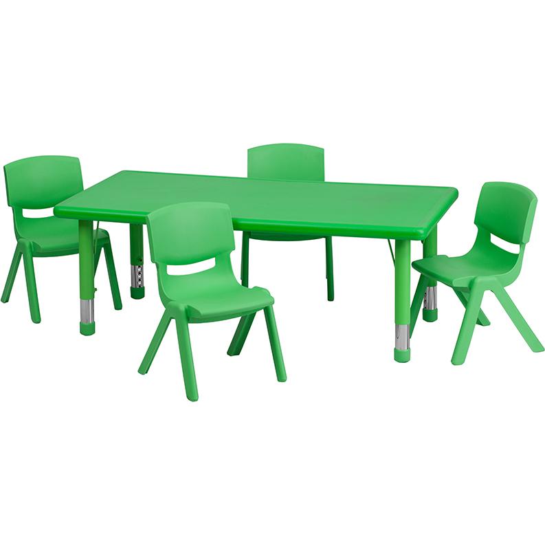 24''W x 48''L Rectangular Green Plastic Height Adjustable Activity Table Set with 4 Chairs