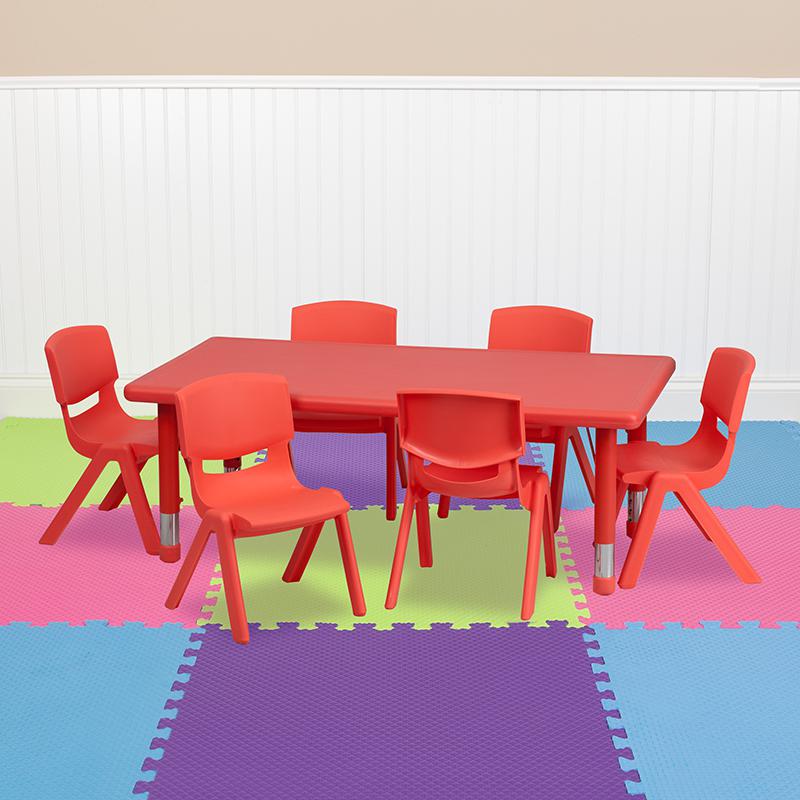 24''W x 48''L Rectangular Red Plastic Height Adjustable Activity Table Set with 6 Chairs
