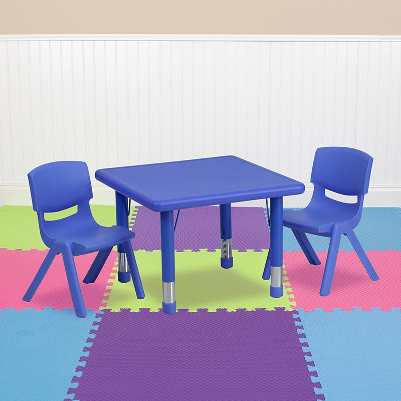 24'' Square Blue Plastic Height Adjustable Activity Table Set with 2 Chairs