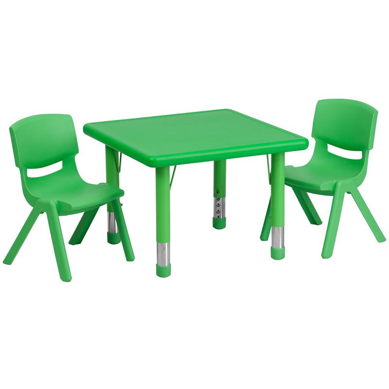 24'' Square Green Plastic Height Adjustable Activity Table Set with 2 Chairs