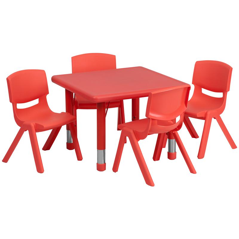 24'' Square Red Plastic Height Adjustable Activity Table Set with 4 Chairs