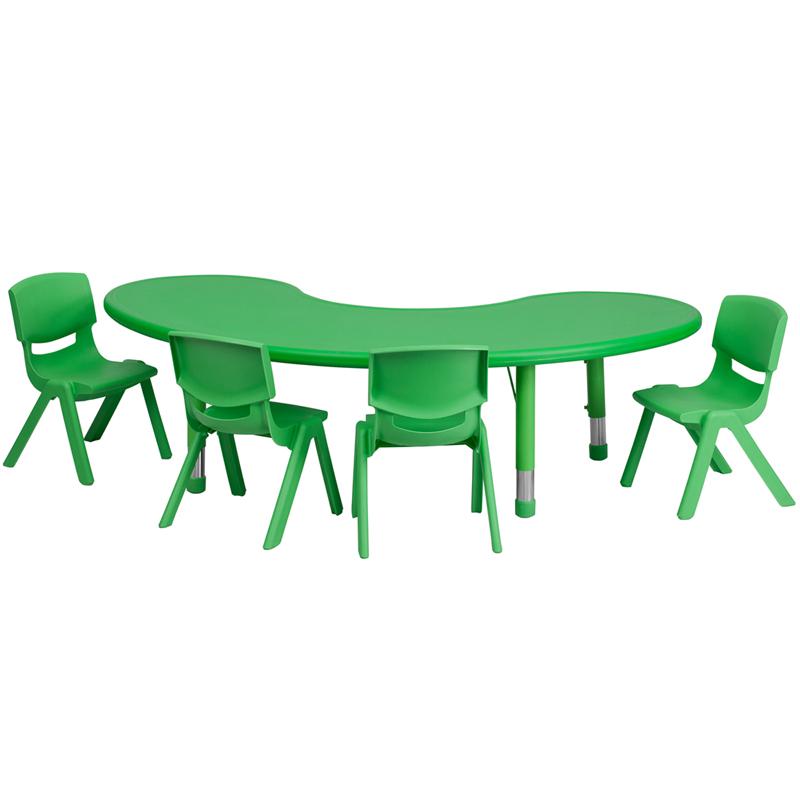 35''W x 65''L Half-Moon Green Plastic Height Adjustable Activity Table Set with 4 Chairs