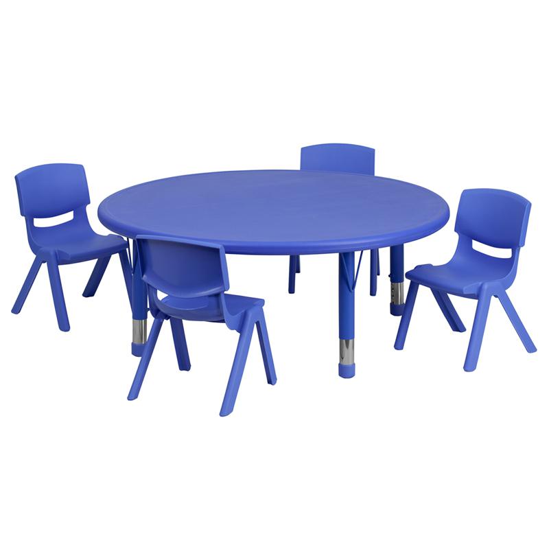 45'' Round Blue Plastic Height Adjustable Activity Table Set with 4 Chairs
