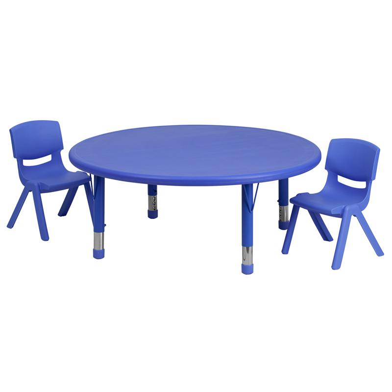 45'' Round Blue Plastic Height Adjustable Activity Table Set with 2 Chairs