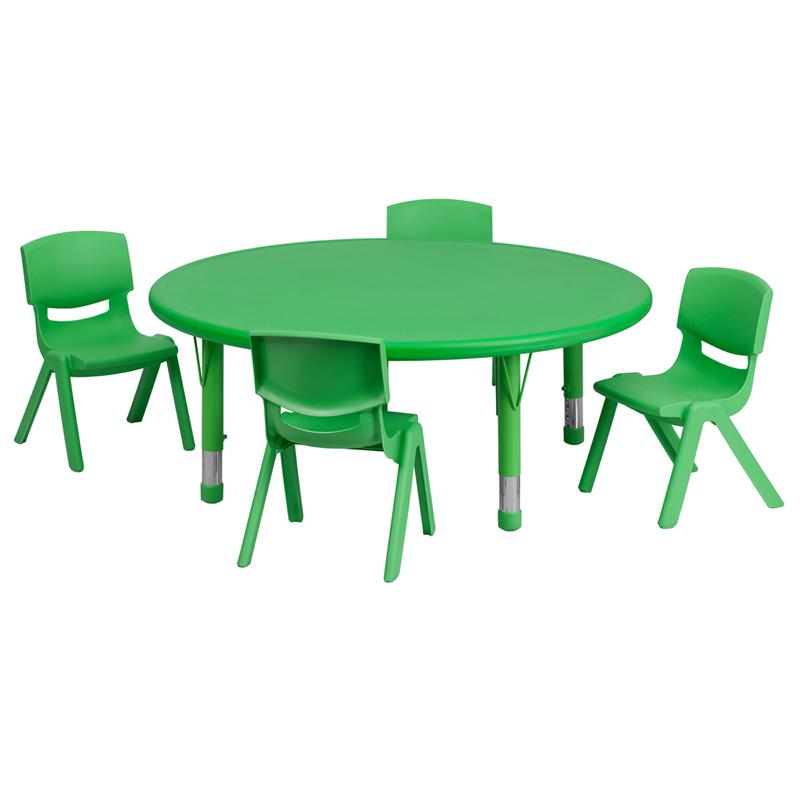 45'' Round Green Plastic Height Adjustable Activity Table Set with 4 Chairs