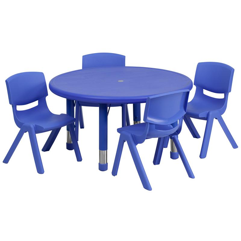 33'' Round Blue Plastic Height Adjustable Activity Table Set with 4 Chairs