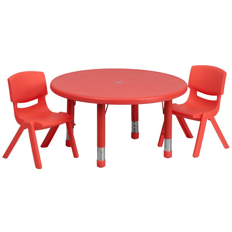 33'' Round Red Plastic Height Adjustable Activity Table Set with 2 Chairs