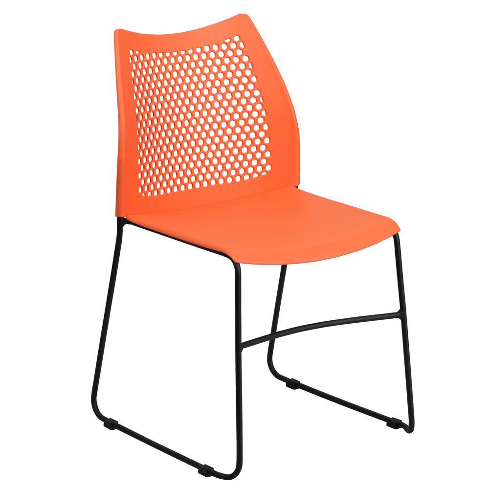 HERCULES Series 661 lb. Capacity Orange Stack Chair with Air-Vent Back and Black Powder Coated Sled Base