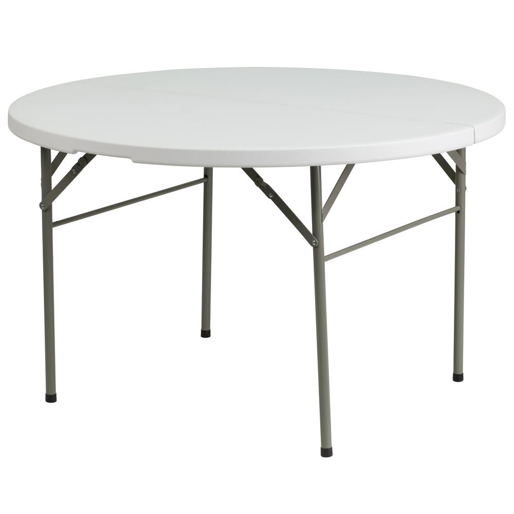 4-Foot Round Bi-Fold Granite White Plastic Banquet and Event Folding Table with Carrying Handle
