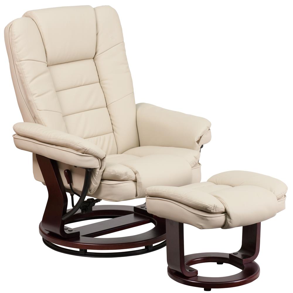Contemporary Multi-Position Recliner with Horizontal Stitching and Ottoman with Swivel Mahogany Wood Base in Beige LeatherSoft