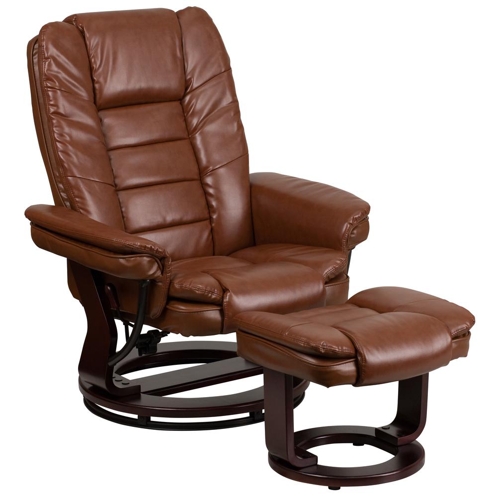Contemporary Multi-Position Recliner with Horizontal Stitching and Ottoman with Swivel Mahogany Wood Base in Brown Vintage Leath