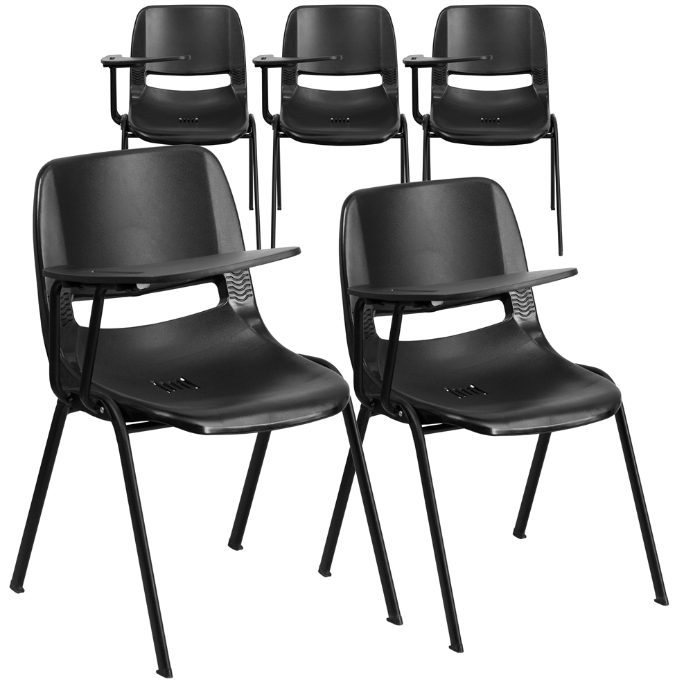 5 Pk. Black Ergonomic Shell Chair with Right Handed Flip-Up Tablet Arm