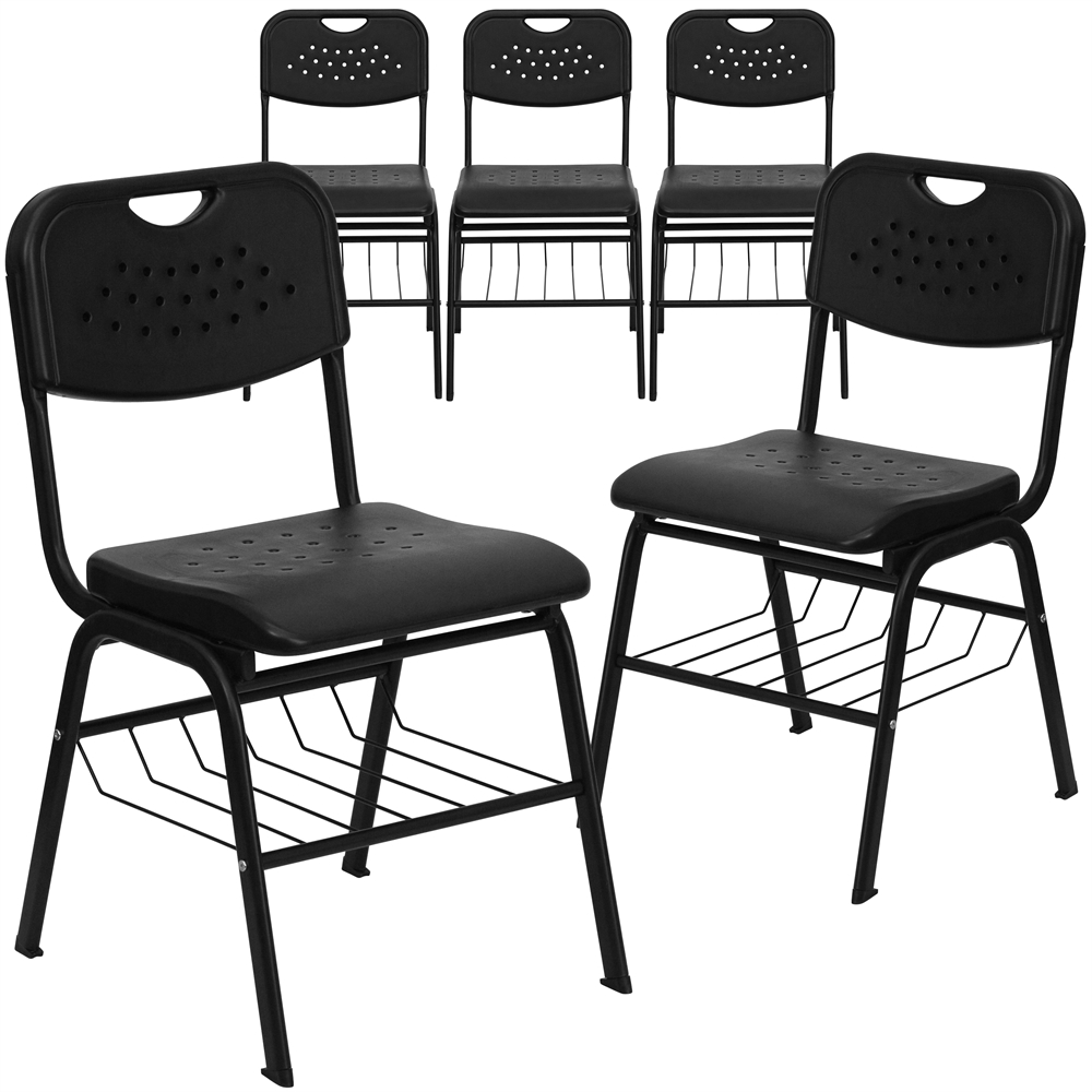 5 Pk. HERCULES Series 880 lb. Capacity Black Plastic Chair with Black Frame and Book Basket