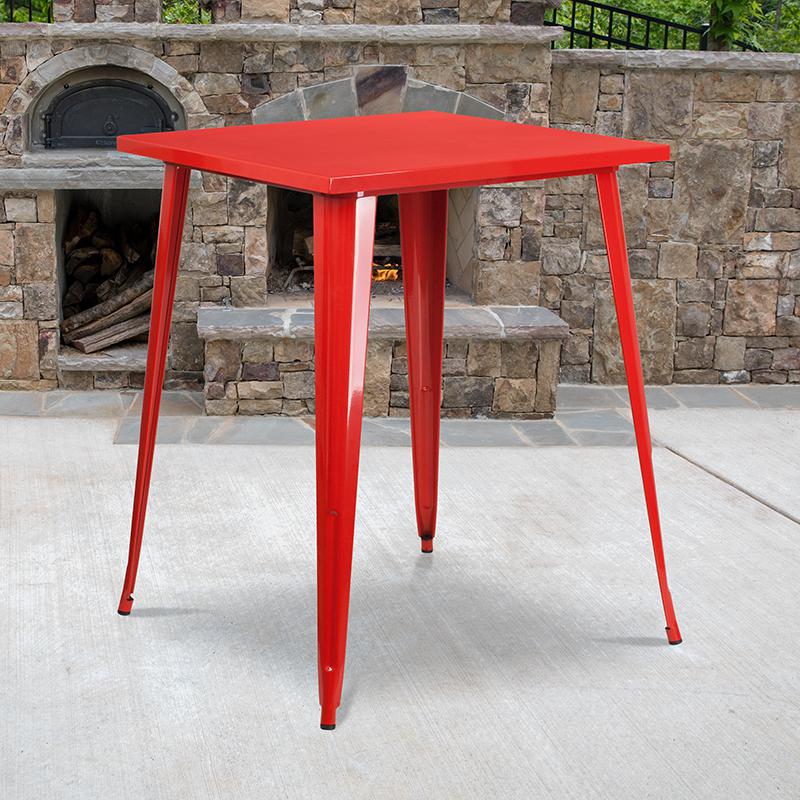 Commercial Grade 31.5" Square Red Metal Indoor-Outdoor Bar Height Table
