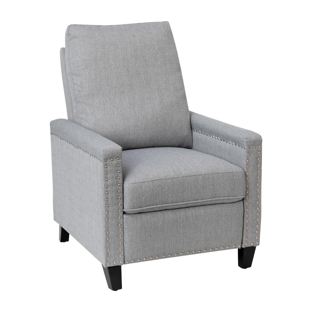 Carson Transitional Style Push Back Recliner Chair - Pillow Back Recliner - Light Gray Fabric Upholstery - Accent Nail Trim