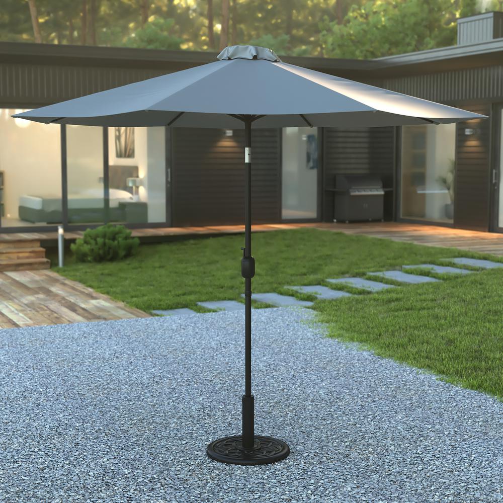 Gray 9 FT Round Umbrella with Crank and Tilt Function and Standing Umbrella Base