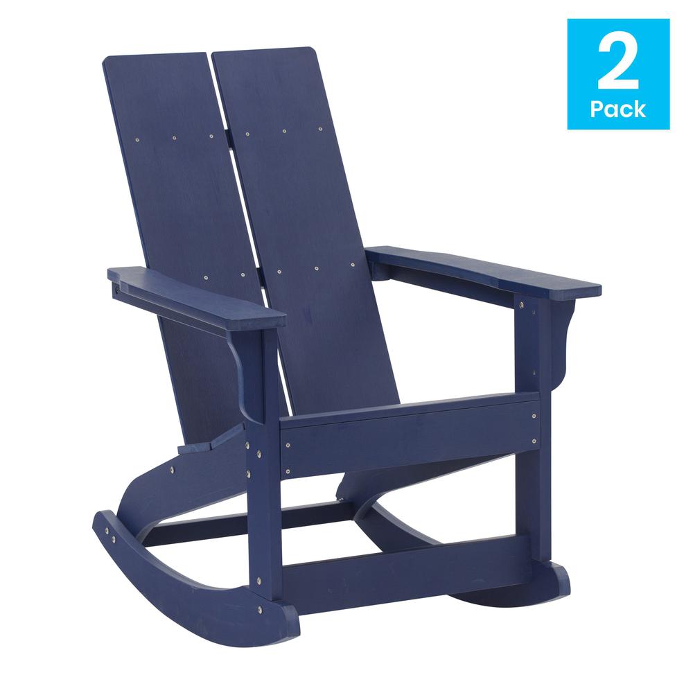Finn Modern All-Weather 2-Slat Poly Resin Rocking Adirondack Chair with Rust Resistant Stainless Steel Hardware in Navy - Set of