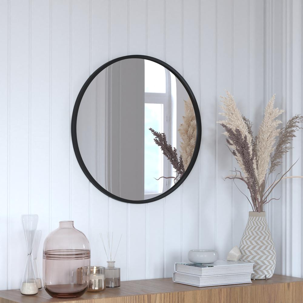 Julianne 24" Round Black Metal Framed Wall Mirror - Large Accent Mirror for Bathroom, Vanity, Entryway, Dining Room, & Living Ro