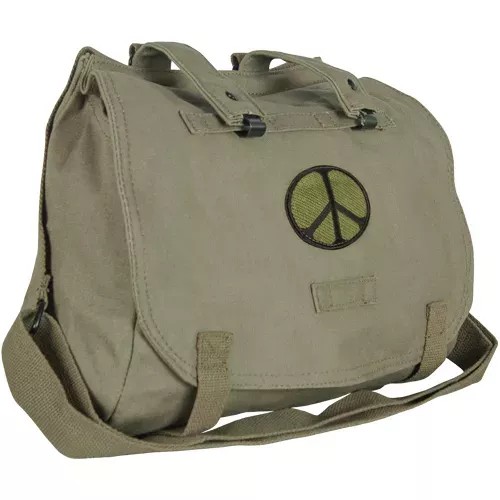 Retro Hungarian Shoulder Bag With Peace Emblem - Olive Drab
