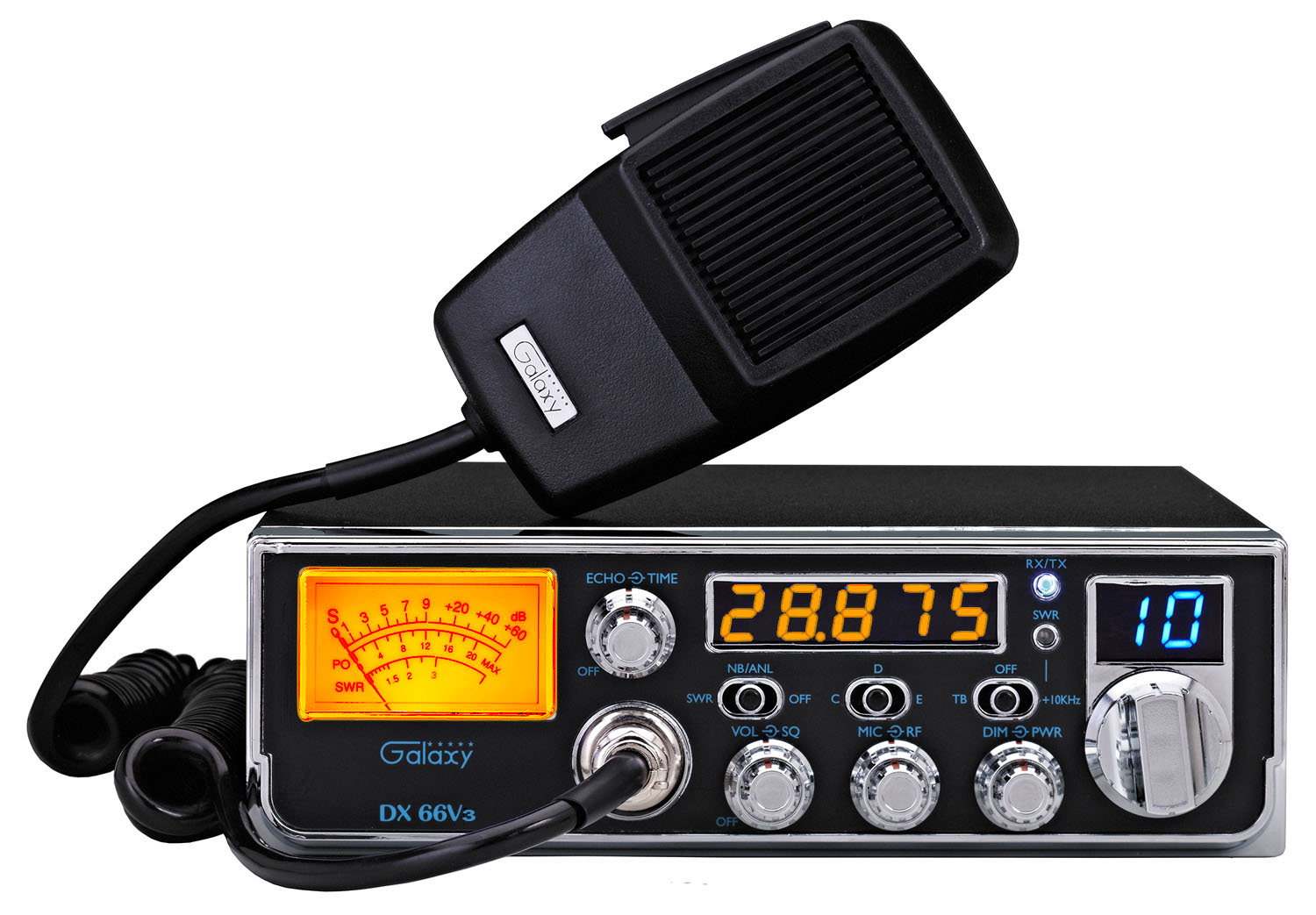 GALAXY - DX66V3 MID-SIZE AM 10 METER RADIO WITH 5 DIGIT ORANGE FREQUENCY DISPLAY, DUAL ECHO, TALK-BACK, BLUE CHANNEL DISPLAY