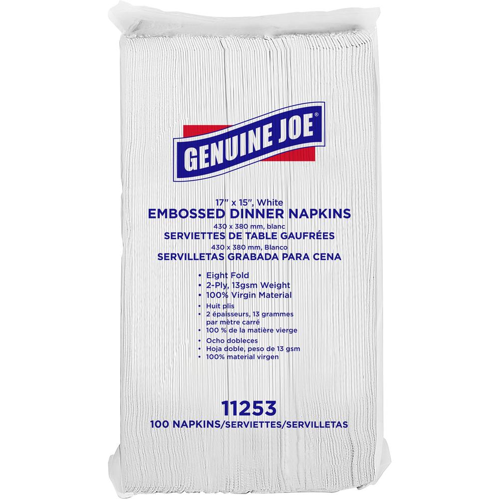 Genuine Joe Embossed Dinner Napkins - 2 Ply - 1/8 Fold - 17" x 15" - White - Soft, Foldable, Versatile - For Dinner - 100 Per Pa