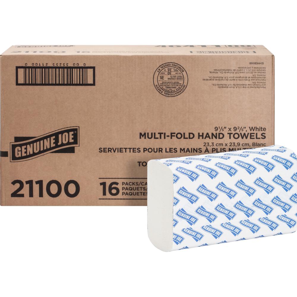 Genuine Joe Multifold Towels - 1 Ply - Multifold - 9.20" x 9.40" - White - Interfolded, Embossed, Anti-contamination, Chlorine-f