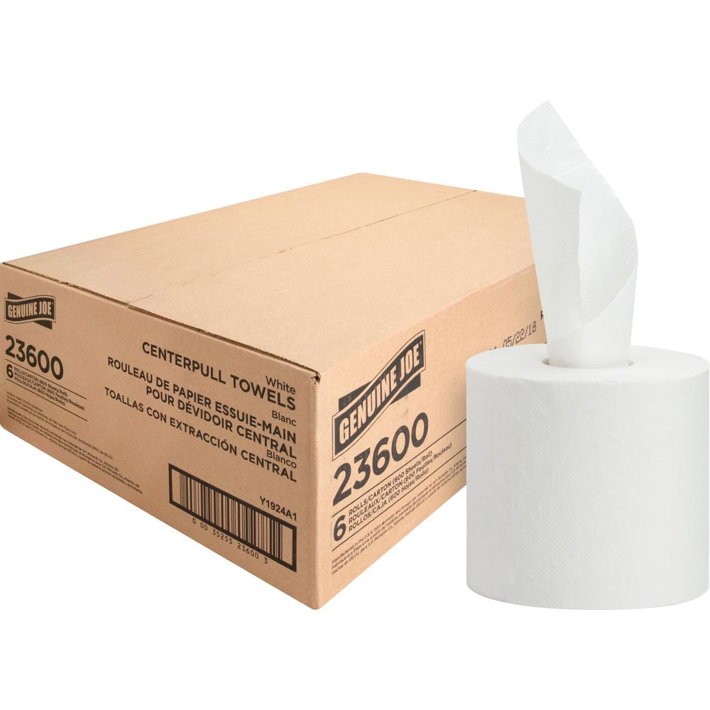 Genuine Joe Centerpull Paper Towels - 2 Ply - 600 Sheets/Roll - White - Fiber - Non-chlorine Bleached, Center Pull - For Washroo