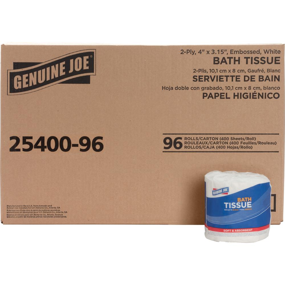 Genuine Joe 2-ply Standard Bath Tissue Rolls - 2 Ply - 3" x 4" - 400 Sheets/Roll - White - Perforated, Absorbent, Soft, Embossed