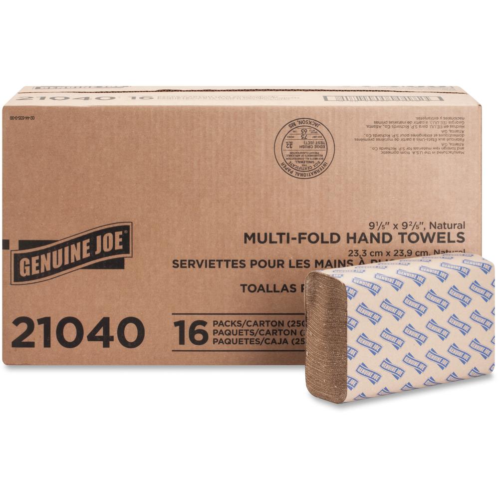 Genuine Joe Multifold Natural Towels - 1 Ply - Multifold - 9.25" x 9.40" - Natural - Paper - Chlorine-free, Interfolded, Embosse