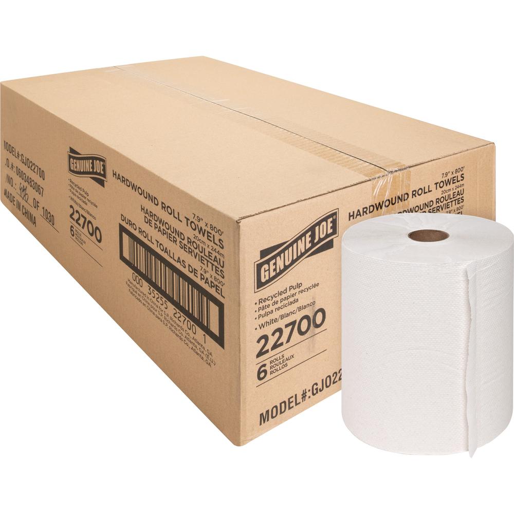 Genuine Joe Hardwound Roll Paper Towels - 7.90" x 800 ft - White - Absorbent, Chlorine-free, Embossed - For Restroom - 6 / Carto