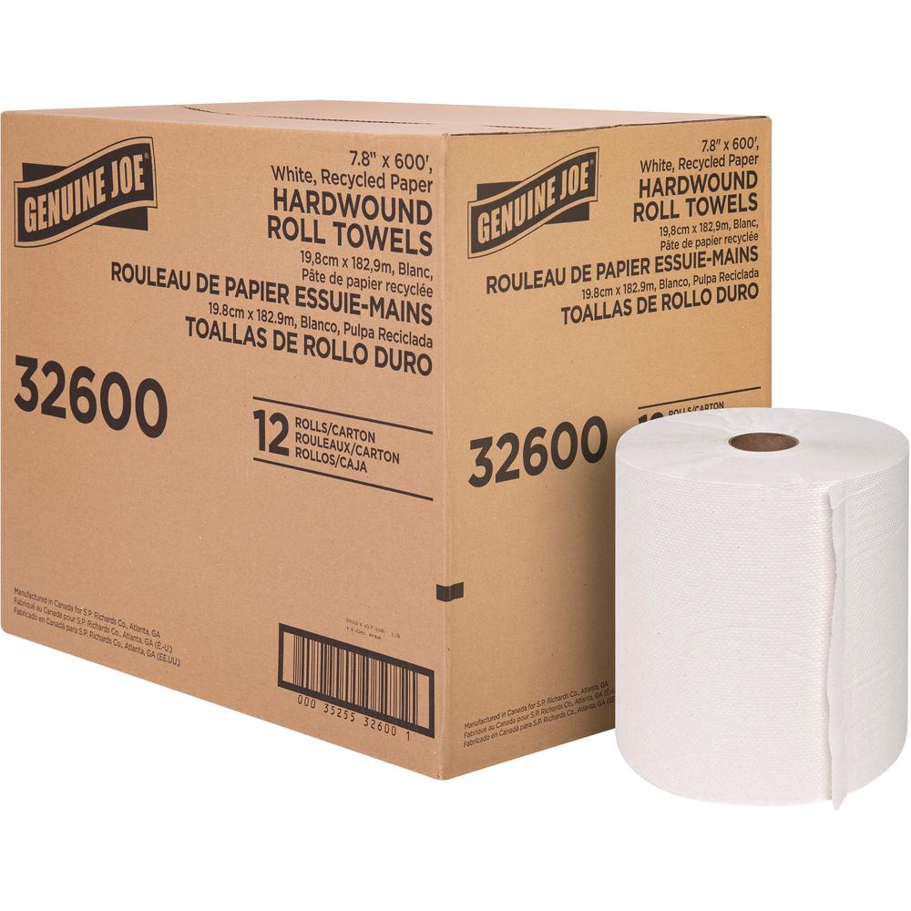Genuine Joe Hardwound Roll Paper Towels - 7.80" x 600 ft - White - Paper - Absorbent - For Restroom - 1 / Carton