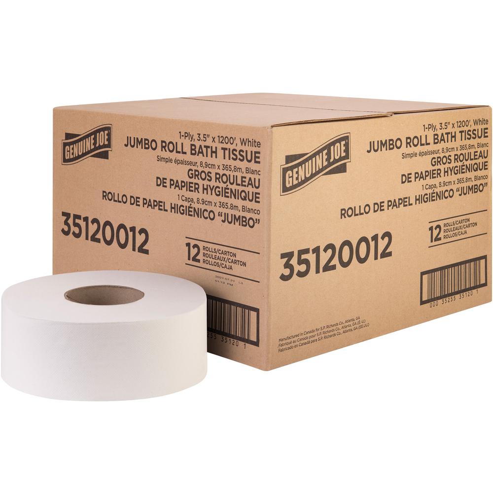 Genuine Joe 1-ply Jumbo Roll Bath Tissue - 1 Ply - 3.63" x 1200 ft - 8.88" Roll Diameter - White - Fiber - Sewer-safe, Septic Sa