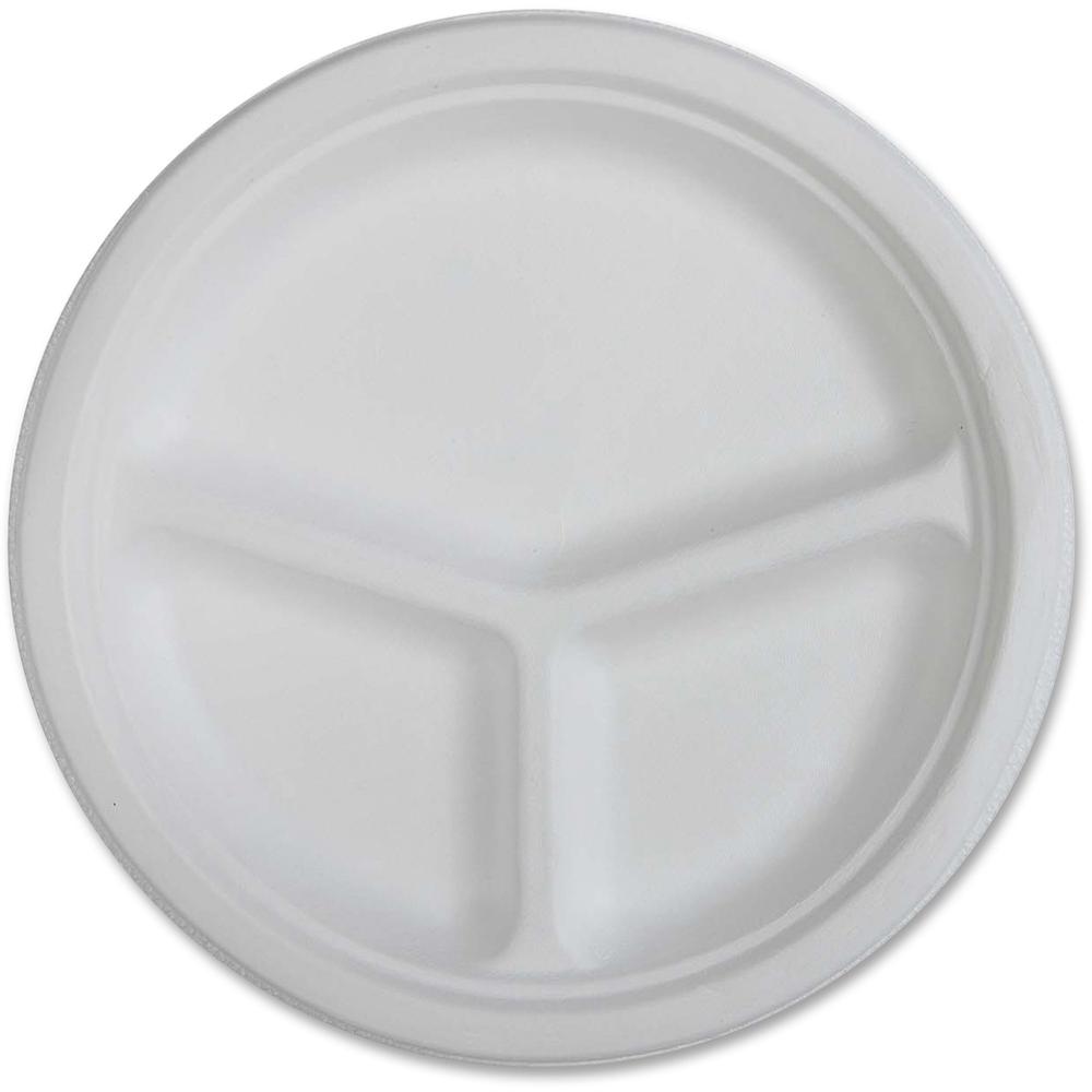 Genuine Joe 3-compartment Disposable Plates - 50 / Pack - Disposable - White - Sugarcane Body - 500 / Carton