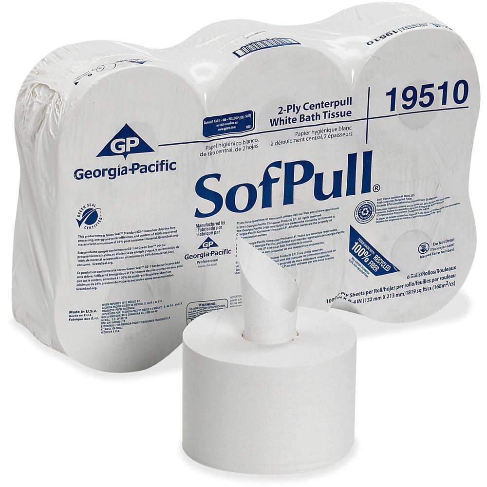 SofPull Centerpull High-Capacity Toilet Paper - 2 Ply - 5.25" x 8.40" - 1000 Sheets/Roll - 8.10" Roll Diameter - White - Perfora