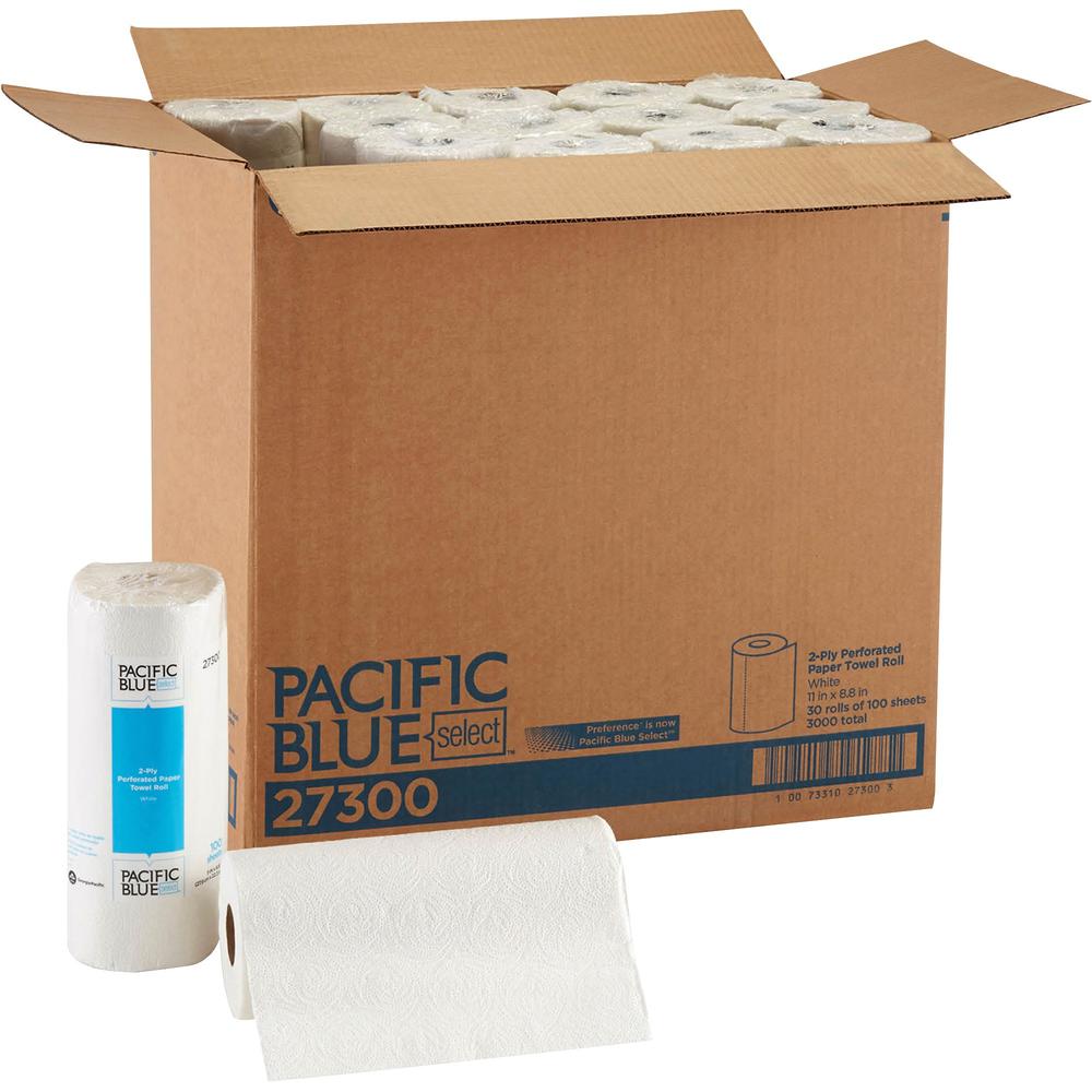 Pacific Blue Select Paper Towel Rolls by GP Pro - 2 Ply - 11" x 8.80" - 100 Sheets/Roll - 4.80" Roll Diameter - White - Paper - 