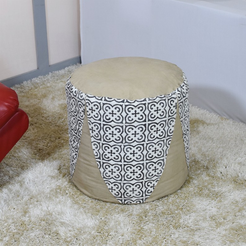 Contemporary Handmade Canvas with leather Round Pouf in Beige Color