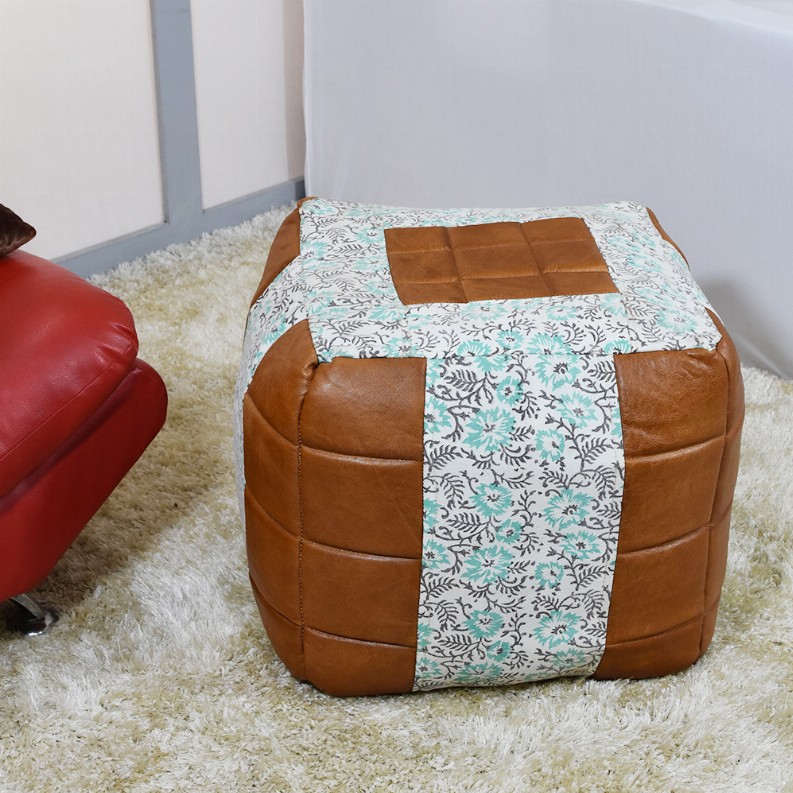 Contemporary Handmade Canvas with leather Square Pouf in Green Brown Color