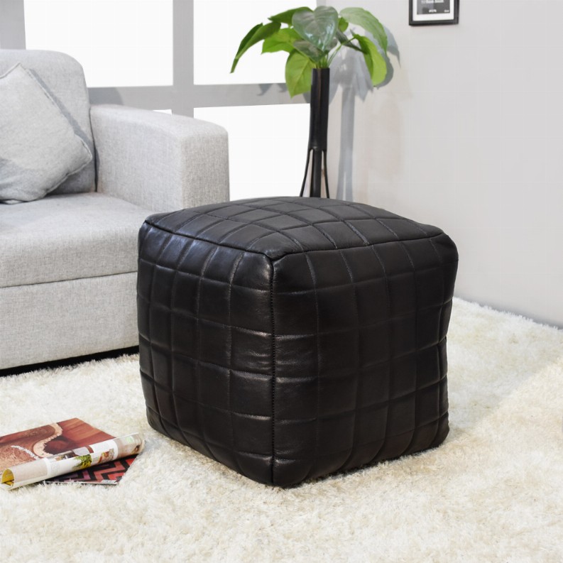 Geometric Handmade Goat Leather Square Pouf (Recycled Cotton Fill)