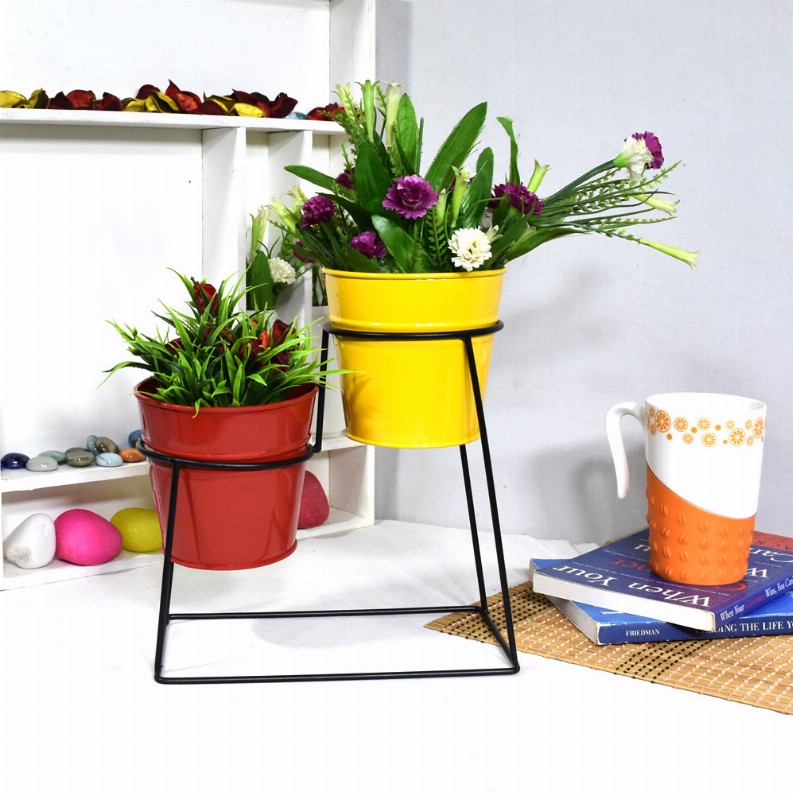 Handmade 100% Iron Round Modern Coated Color Planters Pot - 10.4 x 4.5 x 8.9in Red & Yellow