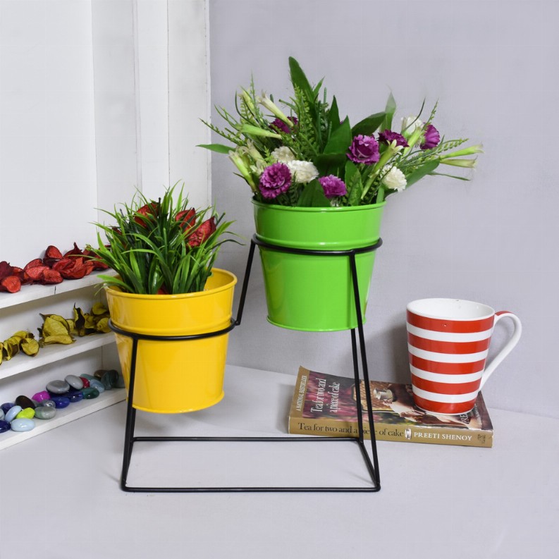 Handmade 100% Iron Round Modern Coated Color Planters Pot - 10.4 x 4.5 x 8.9in Yellow & Green
