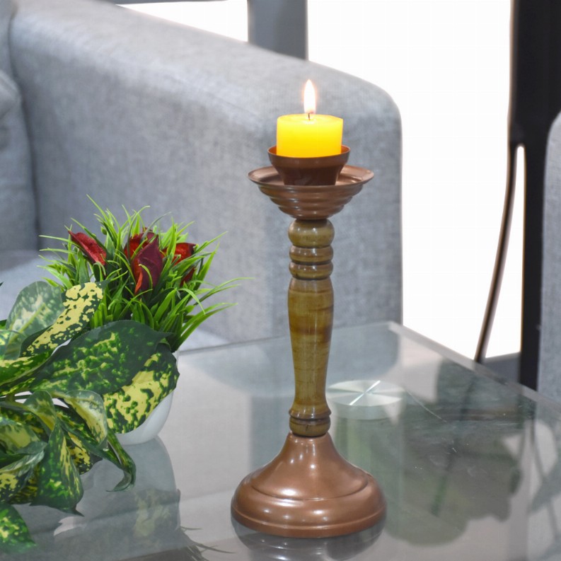 Handmade Bronze Color Coated Iron & Wood Traditional Pillar Inches Candle Holder - 8.26 x 3.5 x 3.5in Bronze2