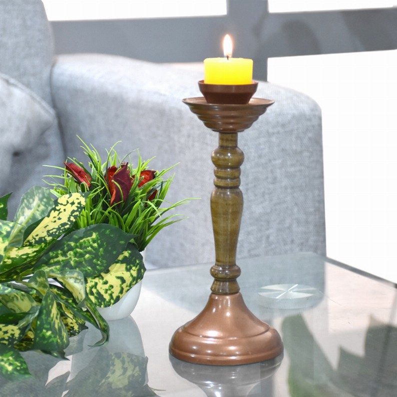 Handmade Bronze Color Coated Iron & Wood Traditional Pillar Inches Candle Holder - 8.26 x 3.5 x 3.5in Bronze4