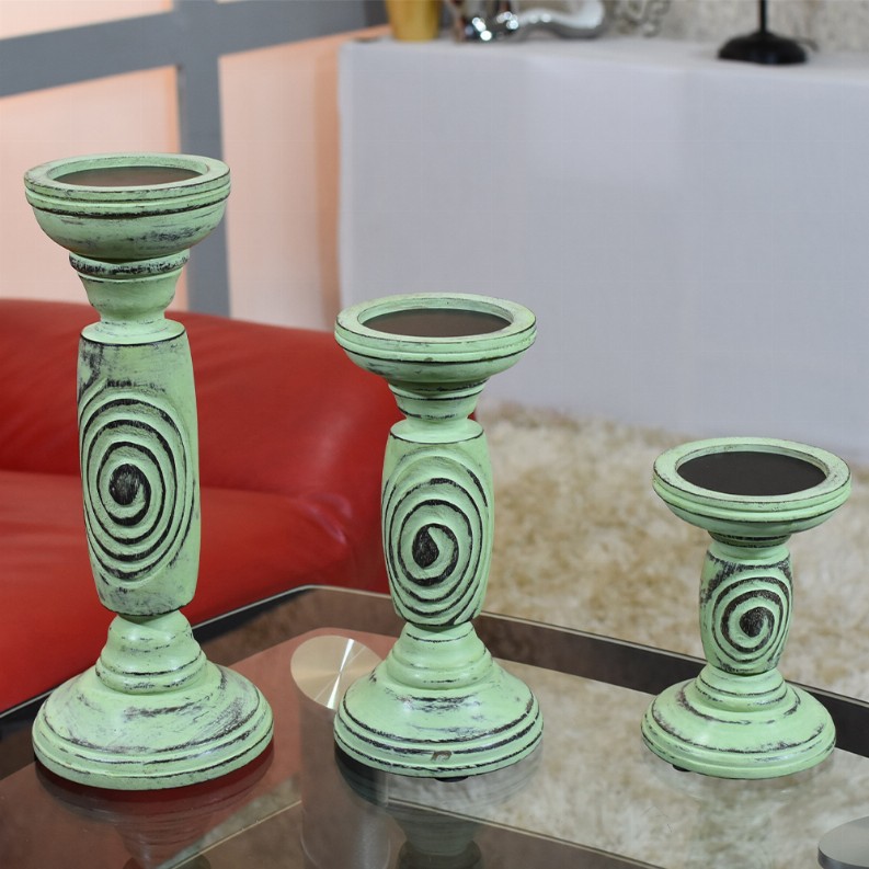 Handmade Wood Eco-friendly Traditional Antique Sage Set Of Three Pillar Candle Holder