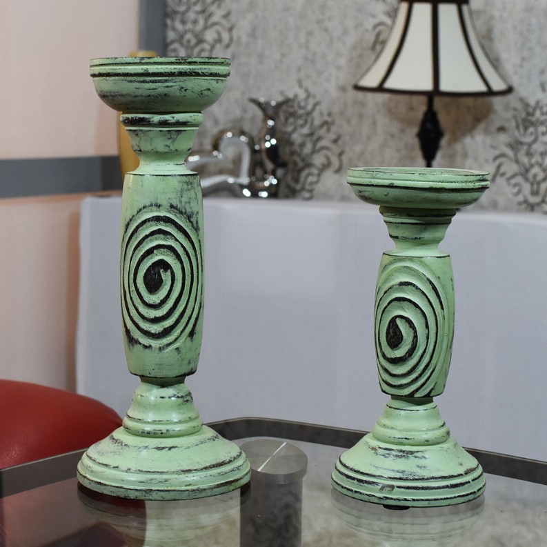 Handmade Wood Eco-friendly Traditional Antique Sage Set Of Two Pillar Candle Holder