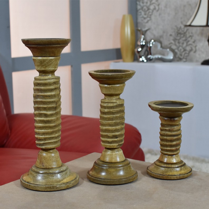 Handmade Wood Eco-friendly Traditional Medium Polish Set Of Three Pillar Candle Holder