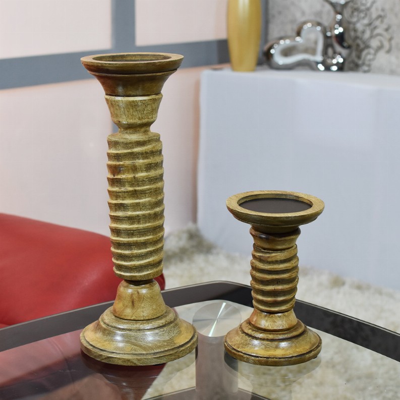 Handmade Wood Eco-friendly Traditional Medium Polish Set Of Two Pillar Candle Holder - 12x9x9 Brown2