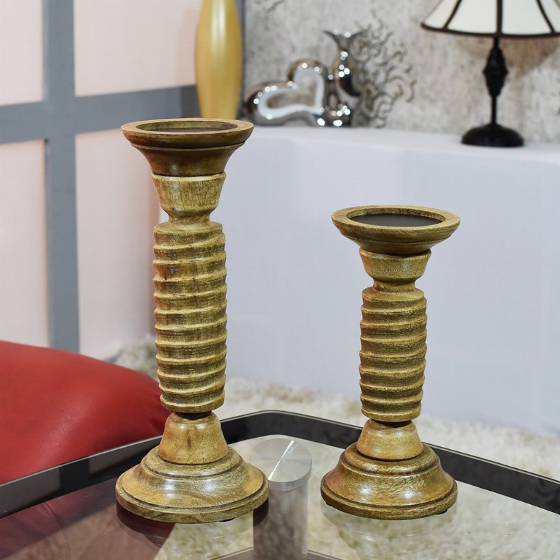 Handmade Wood Eco-friendly Traditional Medium Polish Set Of Two Pillar Candle Holder - 12x9x9 Brown3