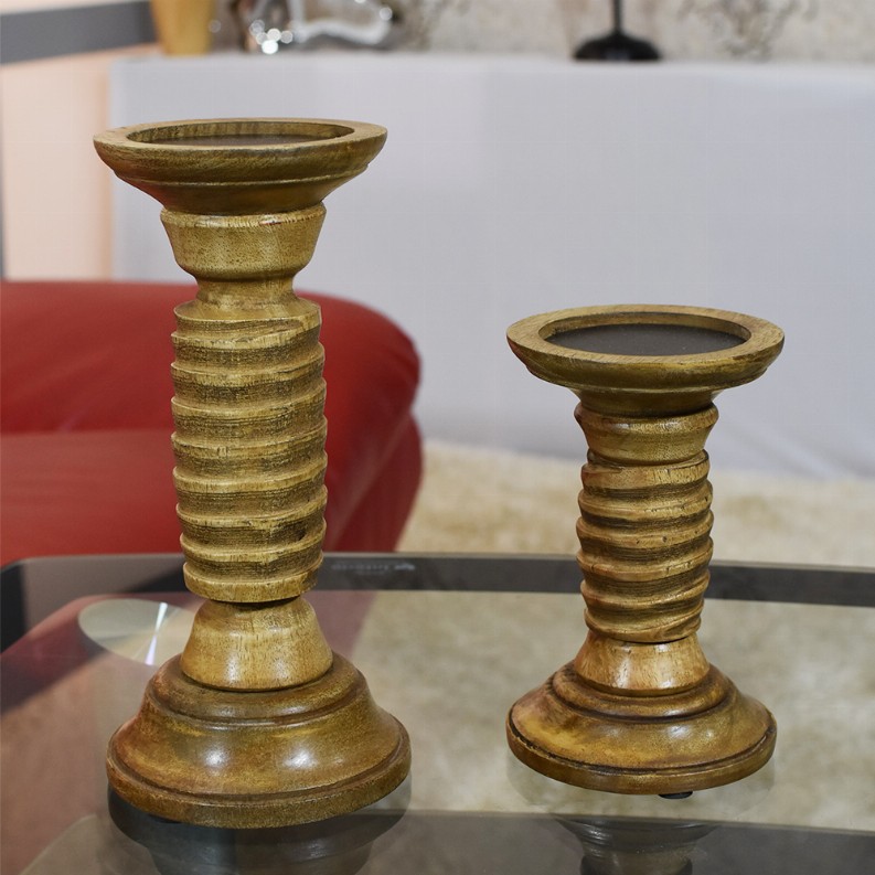 Handmade Wood Eco-friendly Traditional Medium Polish Set Of Two Pillar Candle Holder - 9x9x9 Brown1