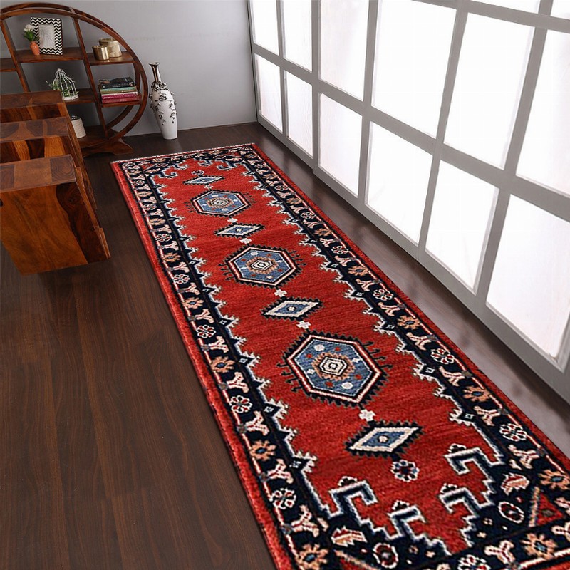 Rugsotic Carpets Hand Knotted Afghan Wool And Silk  Area Rug Oriental Kazak 2'6''x10' Dark Orange Navy